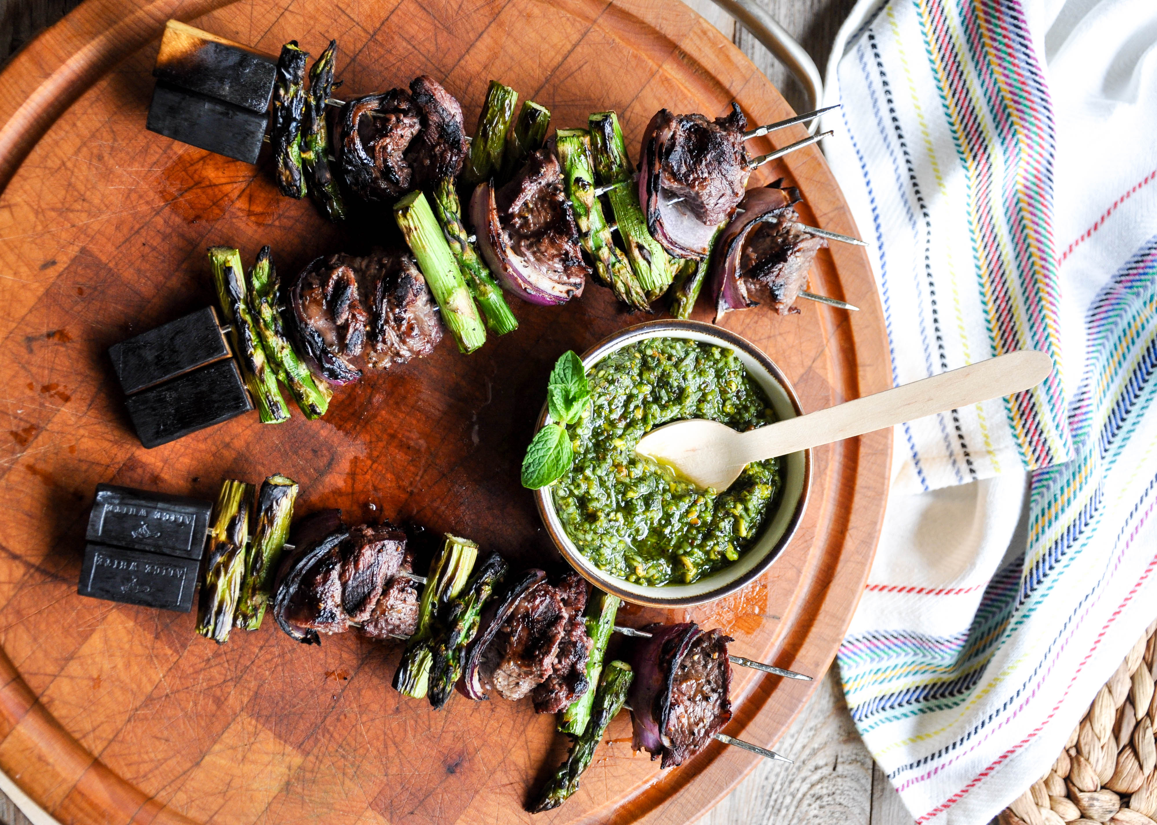 Lamb Asparagus Kebabs with Pistachio Mint Pesto