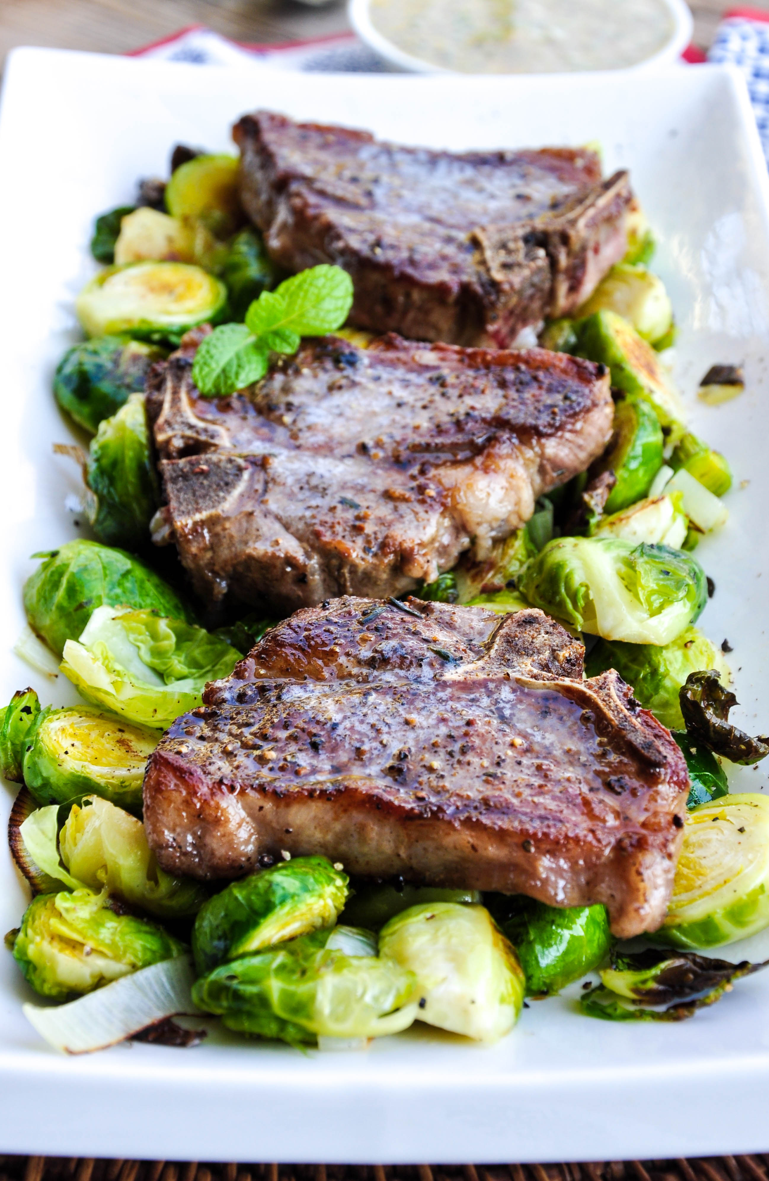 Lamb Loin Chops with Roasted Brussels Sprouts and a Mustard Mint Sauce