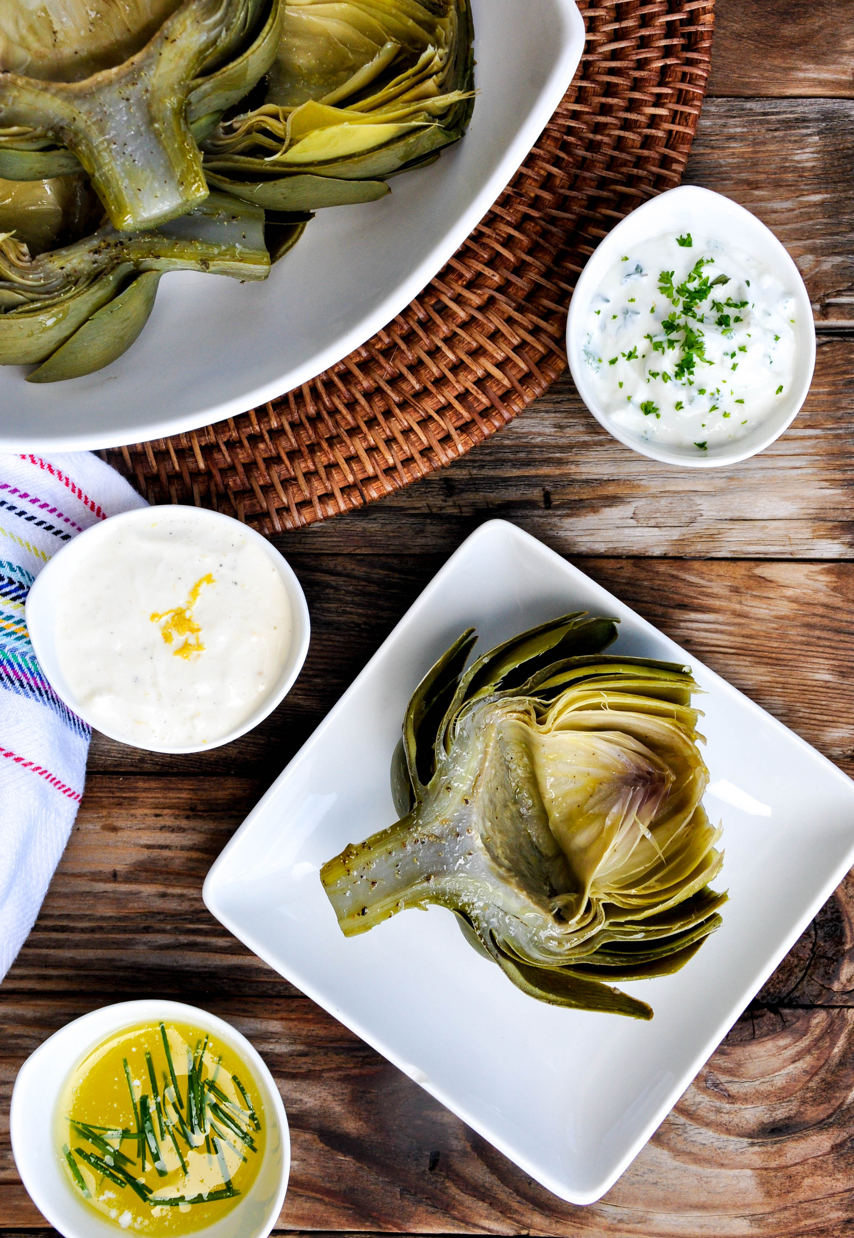 Fool-Proof Artichoke with Three Dipping Sauces