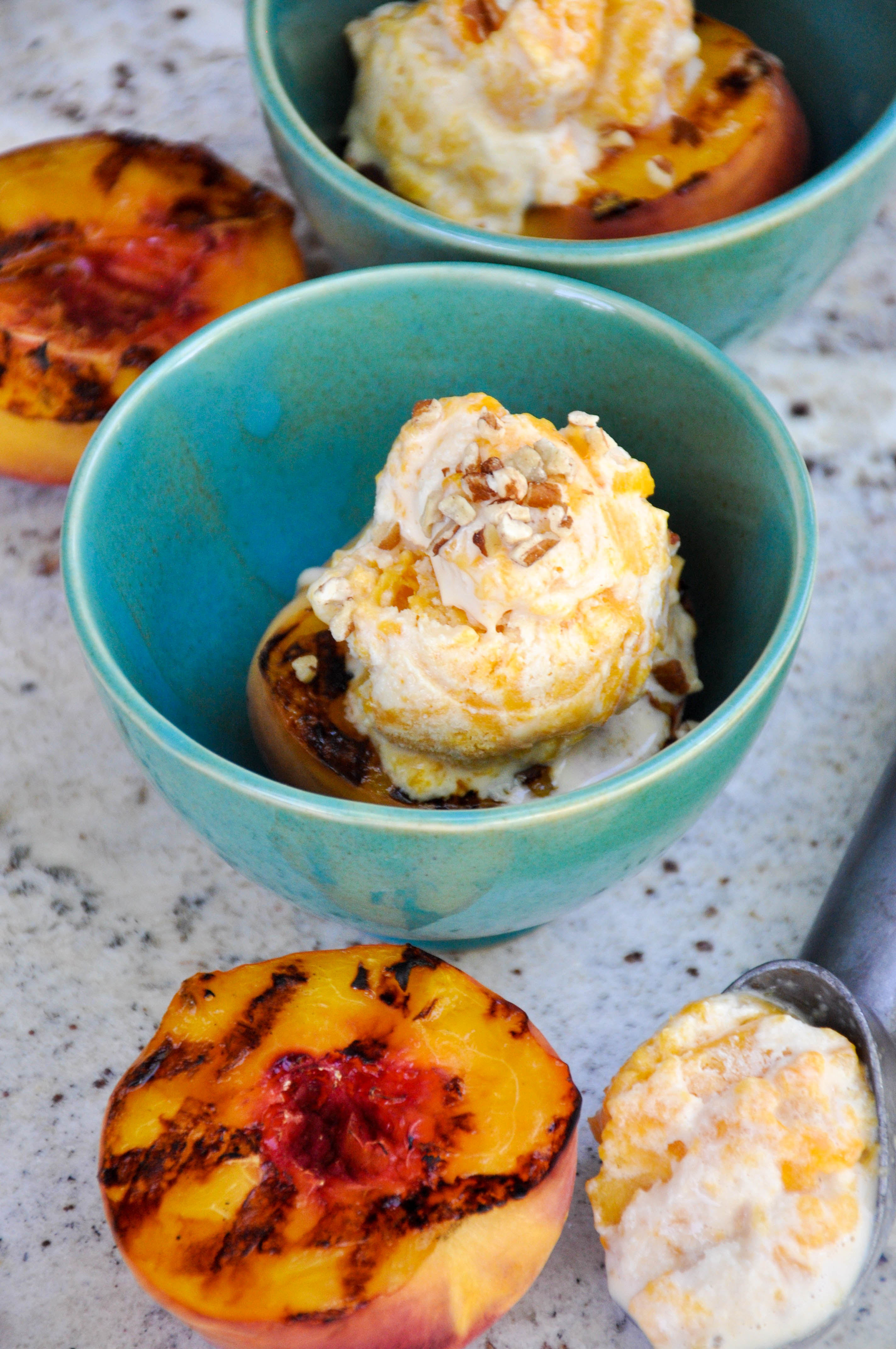 Canned Peach Ice Cream over Fresh Grilled Peaches